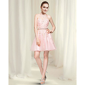 A-Line Flirty Elegant Engagement Cocktail Party Dress Jewel Neck Sleeveless Short / Mini Lace with Appliques 2021