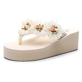 Women's Slippers  Flip-Flops Wedge Heel Open Toe Cap-Toe Daily Beach Synthetics Satin Flower Lace Solid Colored White Black