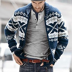 Men's Unisex Cardigan Knitted Abstract Stylish Vintage Style Long Sleeve Sweater Cardigans V Neck Fall Winter Blue