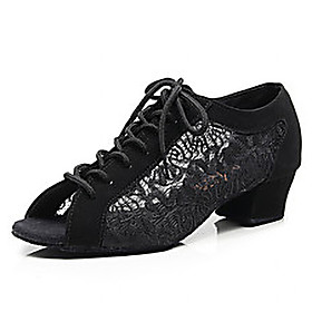 Women's Dance Shoes Latin Shoes Heel Lace Thick Heel Black Dark Gray Lace-up / Performance / Practice