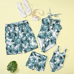 Family Look Swimsuit Plant Print Green Sleeveless Vacation Matching Outfits