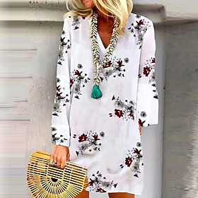 Women's A Line Dress Short Mini Dress White Long Sleeve Floral Pocket Print Fall Summer V Neck Casual 2021 S M XL XXL 3XL