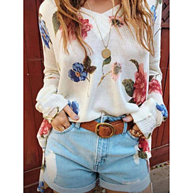 Women's Pullover Sweater Print Flower Active Casual Cotton Long Sleeve Loose Sweater Cardigans V Neck Fall Winter Purple Yellow Blushing Pink / Holiday