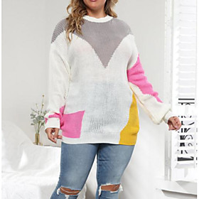 Women's Plus Size Tops Sweater Mixed Color Knitting Long Sleeve Round Neck Casual Fall Winter White Big Size 1XL 2XL 3XL 4XL