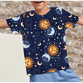 Kids Boys' T shirt Short Sleeve 3D Print Galaxy Moon Sun Purple Children Tops Summer Active Regular Fit 4-12 Years