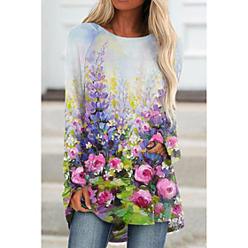 Women's Floral Theme Painting Tunic T shirt Floral Graphic Long Sleeve Print Round Neck Basic Tops Purple