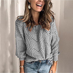 Women's Pullover Sweater Knitted Solid Color Basic Casual Long Sleeve Loose Sweater Cardigans Round Neck Fall Winter Blue Blushing Pink Gray