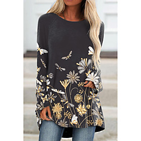 Women's Floral Theme Butterfly Painting Tunic T shirt Floral Butterfly Long Sleeve Print Round Neck Basic Tops Gray