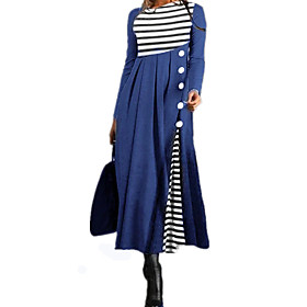Women's Swing Dress Maxi long Dress Blue Gray Khaki Long Sleeve Striped Patchwork Print Fall Round Neck Casual 2021 S M L XL XXL 3XL