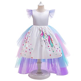 Kids Little Girls' Dress Unicorn Print White Above Knee Sleeveless Princess Cute Dresses Children's Day Slim 3-10 Years