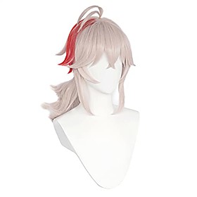 genshin impact kazuha cosplay wig beige red gradient low ponytail with bangs (gray)