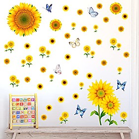 57 pcs sunflower wall stickers 3d colorful butterfly wall decals diy plants floral wall sticker for bedroom living room kitchen hotel decoration decal 4 sheet