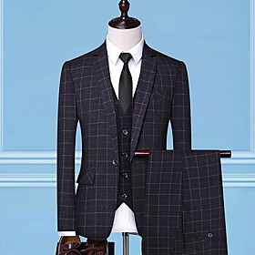 Men's Party / Evening Suits Tailored Fit Single Breasted One-button Patch Pocket Plaid Checkered Cotton