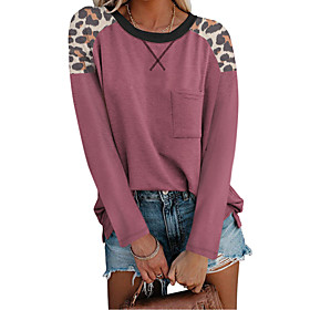 Women's T shirt Leopard Long Sleeve Patchwork Print Round Neck Basic Tops Cotton Blushing Pink Gray Green