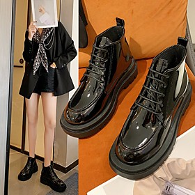 Women's Boots Round Toe Patent Leather PU Solid Colored Black