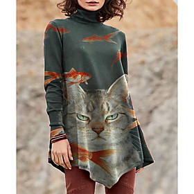 Women's Cat Painting Tunic T shirt Cat Animal Long Sleeve Print High Neck Basic Tops Gray