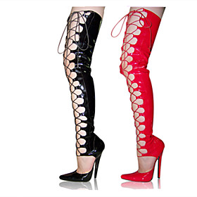 Women's Boots Stiletto Heel Pointed Toe Over The Knee Boots Party PU Lace-up Solid Colored Red Black