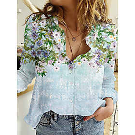 Women's Floral Theme Blouse Shirt Floral Graphic Long Sleeve Button Print Shirt Collar Basic Tops Green