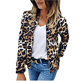 Women's Jacket Street Fall Regular Coat Regular Fit Breathable Casual Jacket Long Sleeve Leopard Print Brown