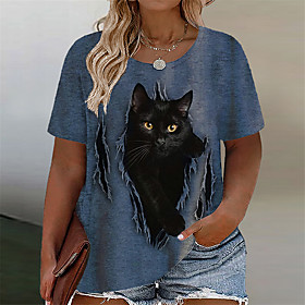 Women's Plus Size Tops T shirt Cat Graphic Animal Print Short Sleeve Crewneck Basic Streetwear Summer Blue Purple Beige Big Size XL XXL 3XL 4XL 5XL