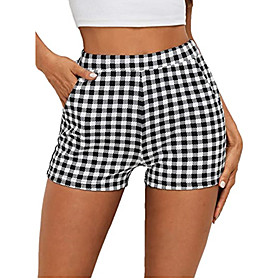 Women's Basic Casual / Sporty Comfort Weekend Gym Shorts Pants Plaid Checkered Short Pocket Elastic Waist Print Black / White