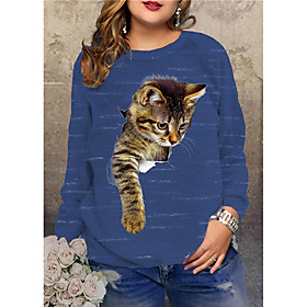 Women's Plus Size Tops Pullover Sweatshirt Cat Graphic Animal 3D Print Print Long Sleeve Crewneck Streetwear Fall Winter Blue White Big Size XL XXL 3XL 4XL 5XL