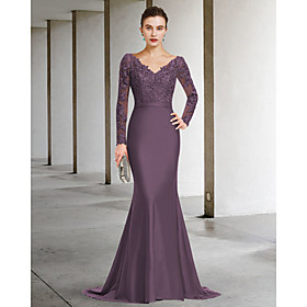Mermaid / Trumpet Mother of the Bride Dress Elegant V Neck Sweep / Brush Train Chiffon Lace Long Sleeve with Appliques 2021