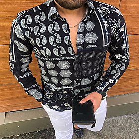 Men's Shirt Color Block Abstract Button-Down Print Long Sleeve Home Tops Casual Fashion Comfortable Black