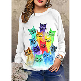 Women's Plus Size Tops Pullover Sweatshirt Cat Graphic Animal Print Long Sleeve Crewneck Streetwear Fall Winter Gray White Big Size XL XXL 3XL 4XL 5XL
