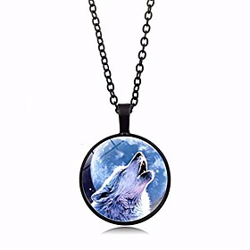 time gemstone wolf head necklace pendant round glass wolf animal choker necklace for women men fashion sweater chain jewelry gifts(black)