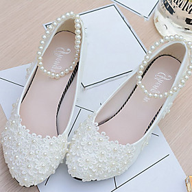 Women's Wedding Shoes Glitter Crystal Sequined Jeweled Low Heel Closed Toe Wedding Pumps Sweet Wedding Lace PU Imitation Pearl Lace Flower Solid Colored White