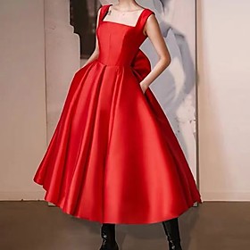 A-Line Elegant Vintage Party Wear Cocktail Party Dress Scoop Neck Sleeveless Tea Length Satin with Bow(s) 2021