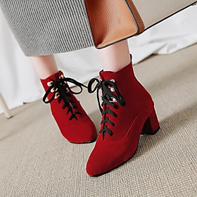 Women's Boots Chunky Heel Round Toe Booties Ankle Boots Daily PU Lace-up Solid Colored Red Black / Booties / Ankle Boots