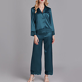 Women's Pajamas Sets Tassel Fringe Solid Color Polester / Cotton Blend Basic Shirt Pant Lapel Home Daily Wear Long Sleeve Hook  Eye