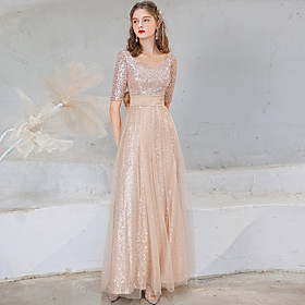 A-Line Sparkle Elegant Prom Formal Evening Dress V Neck Half Sleeve Floor Length Sequined with Bow(s) Sequin 2021