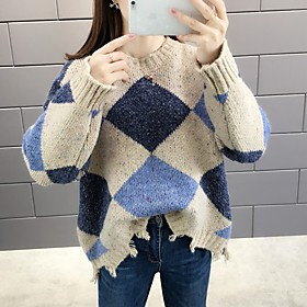 Women's Pullover Sweater Check Pattern Knitted Plaid Stylish Long Sleeve Loose Sweater Cardigans Crew Neck Fall Spring Blue Khaki Light Blue