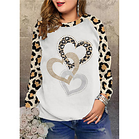 Women's Plus Size Tops Pullover Sweatshirt Graphic Heart Leopard Print Long Sleeve Crewneck Streetwear Fall Winter Blushing Pink White Big Size XL XXL 3XL 4XL