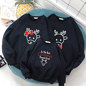 Family Look Christmas Tops Letter Animal Print Black Red Long Sleeve Basic Matching Outfits