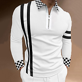 Men's Golf Shirt Other Prints Check Color Block Patchwork Print Long Sleeve Casual Tops Business Simple Fashion Classic Gray White