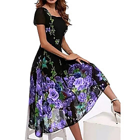 Women's A Line Dress Midi Dress Purple Black Short Sleeve Floral Print Fall Summer Square Neck Casual 2021 M L XL XXL 3XL