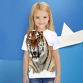Kids Girls' T shirt Tee Short Sleeve Tiger Geometric Animal Print White Children Tops Basic Holiday
