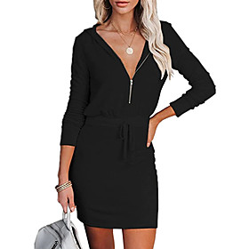 Women's A Line Dress Short Mini Dress Wine Khaki Black Long Sleeve Solid Color Zipper Fall Hooded Casual 2021 S M L XL XXL 3XL / Cotton