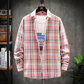 Men's Shirt Lattice Long Sleeve Street Tops Fashion Blue Blushing Pink