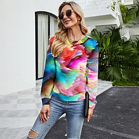 Women's Abstract 3D Printed Painting T shirt Color Block Tie Dye 3D Long Sleeve Print Round Neck Basic Tops Green