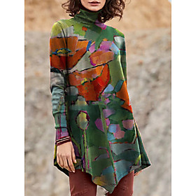 Women's Floral Theme Abstract Painting Tunic T shirt Floral Graphic Long Sleeve Print High Neck Basic Tops Green