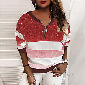 Women's Plus Size Tops Pullover Sweatshirt Striped Zipper Print Long Sleeve V Neck Basic Fall Blue Black Red Big Size L XL XXL 3XL 4XL / Cotton