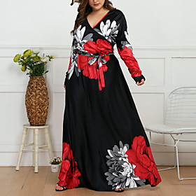 Women's Plus Size Dress A Line Dress Maxi long Dress Long Sleeve Floral Striped Print Casual Fall Summer Black Red L XL XXL 3XL 4XL