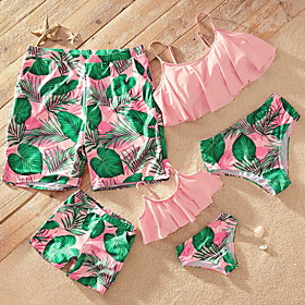 Family Look Swimsuit Leaf Print Blushing Pink Sleeveless Vacation Matching Outfits