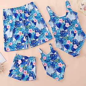 Family Look Swimsuit Floral Leaf Print Blue Sleeveless Vacation Matching Outfits