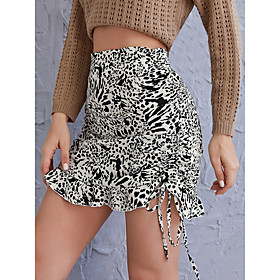 Women's Date Weekend Basic Streetwear Short Skirts Leopard Ruched Drawstring Ruffle White